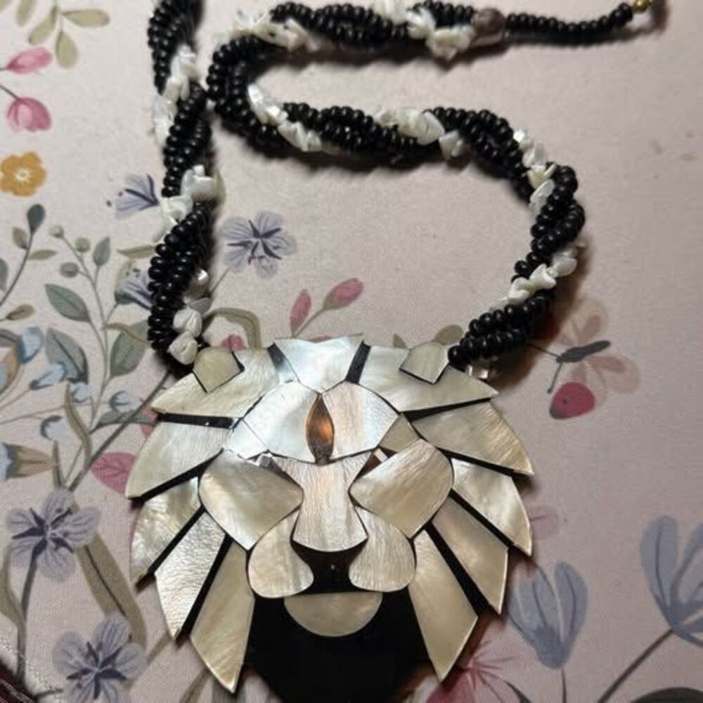 Vintage Mother of Pearl Lion Head Statement Necklace - Lee Sands